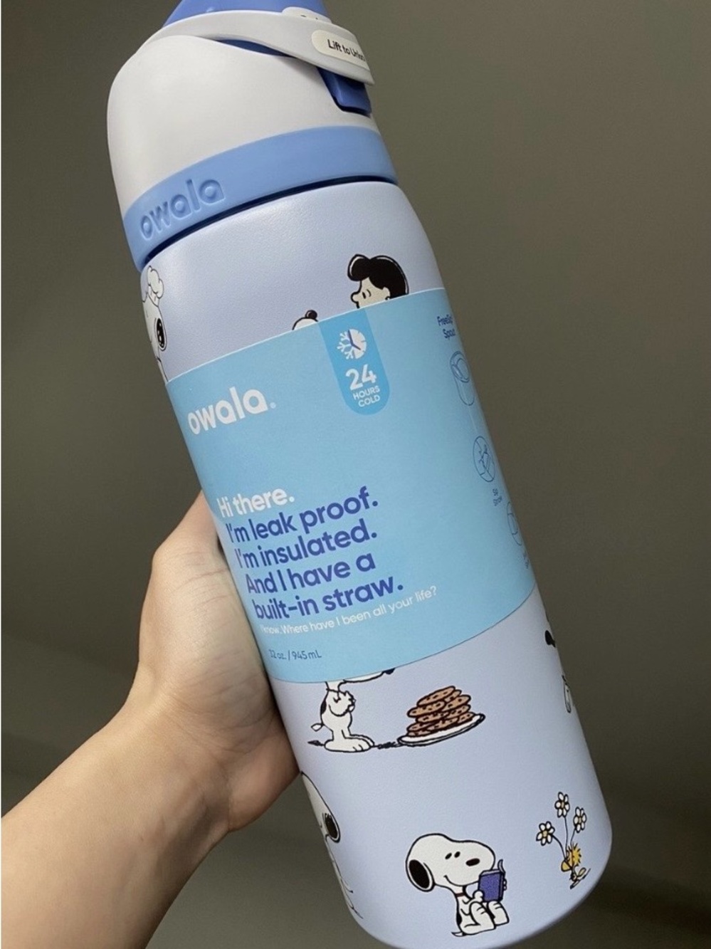 New!! Snoopy Light Blue Insulated Bottle with Built-In Straw